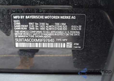 2021 BMW X5 Phev xDrive45E z USA, uszkodzony, nr VIN 5UXTA6C0XM9F97640